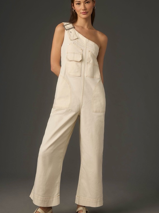 Pilcro Denim - Pilcro Cream One-Shoulder Jumpsuit with Contrast Stitching